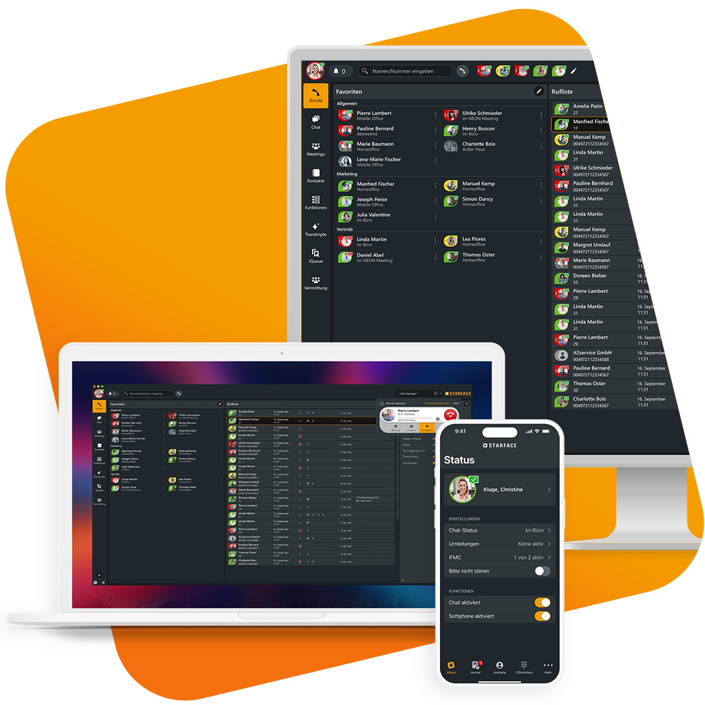 STARFACE Softclients auf Desktop, Laptop und Smartphone.