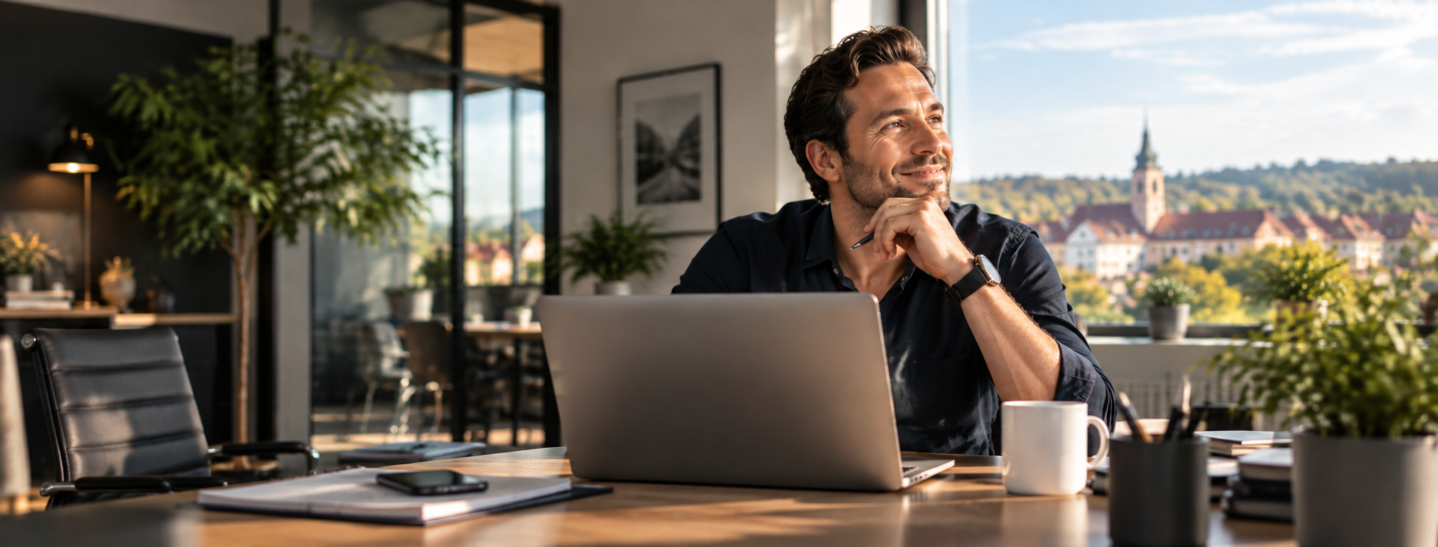 Gründer am Laptop in einem hellen Büro