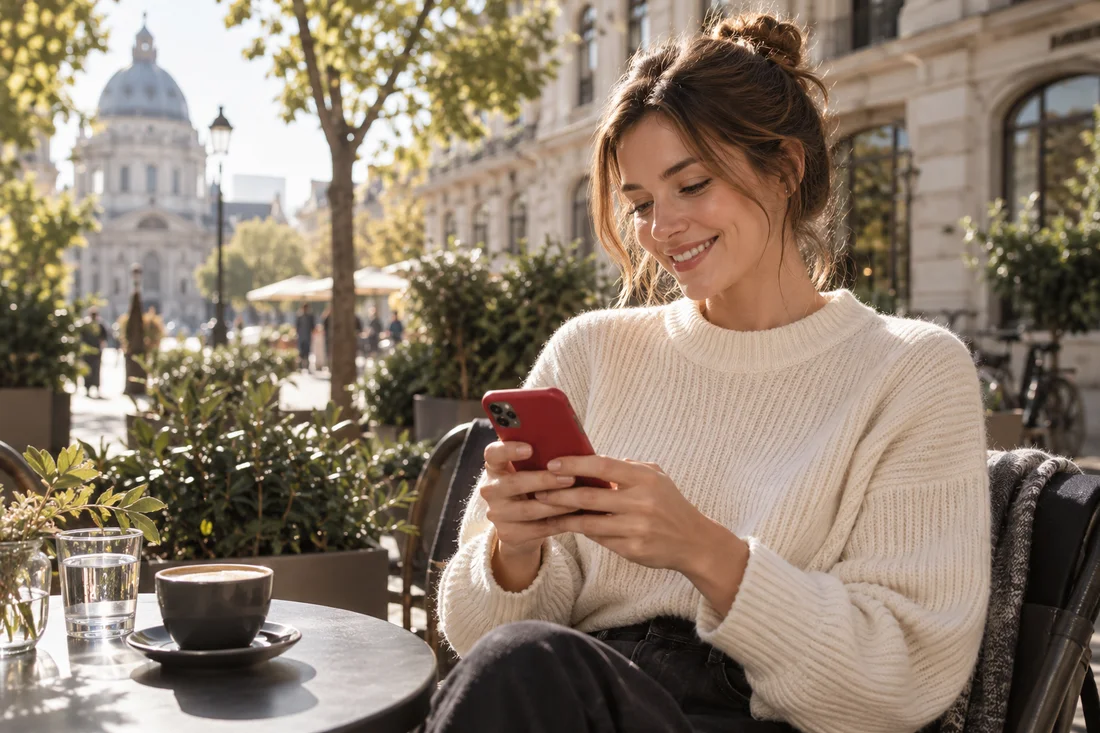 Eine Frau nutzt ihr Smartphone auf einer sonnigen Caféterrasse