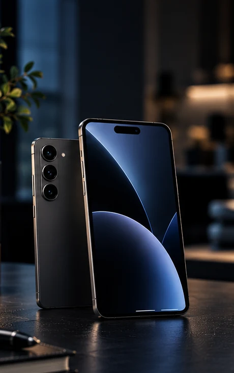 Zwei Smartphones auf einem dunklen Schreibtisch.