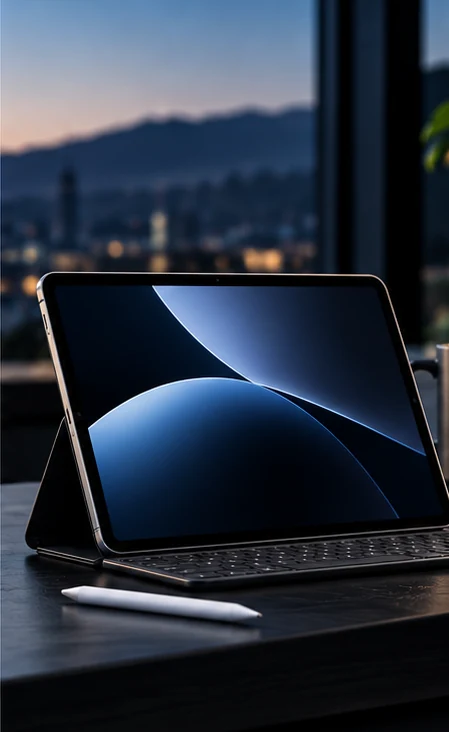 Tablet mit Tastatur und Eingabestift in einer dunklen B&uuml;roumgebung.